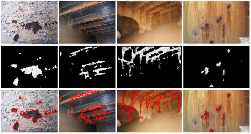 Drone photographs of corroded piping, vessels and structures, the corrosion mask predicted for each, and the same mask outlined in red over the original photograph