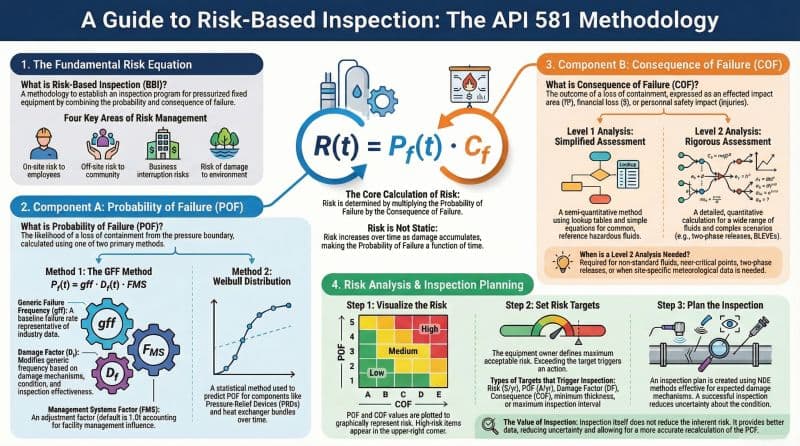 Infographic of the API 581 methodology built around the equation R(t) equals Pf(t) times Cf, with panels covering the fundamental risk equation, probability of failure by the GFF method and Weibull distribution, consequence of failure at Level 1 and Level 2, and a risk matrix driving inspection planning